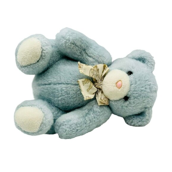 Carters Vintage Blue Bear Plush Rattle Bunny Ribbon Pink Nose White Paws Baby - Picture 4 of 7